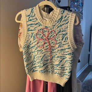 Zara Cream and Blue Knit Sweater Vest with Pink Flower